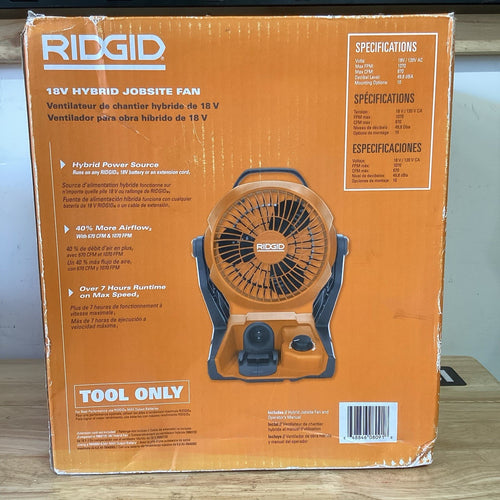 Ventilador Híbrido Inalámbrico de Obra RIDGID 18V Totalmente Nuevo (Solo Herramienta)