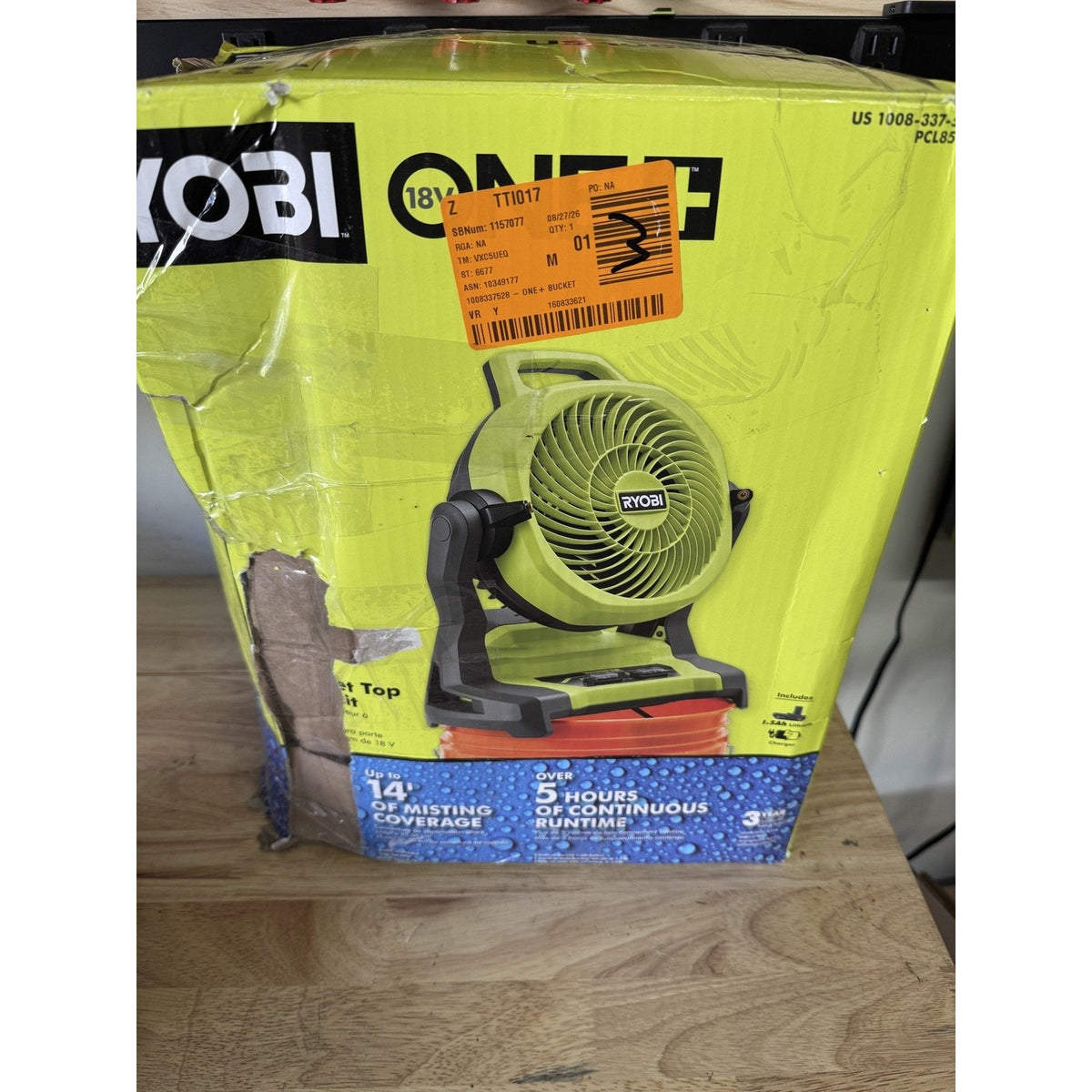 RYOBI ONE+ 18V Bucket Top Misting Fan Kit PCL851K Battery Charger OB