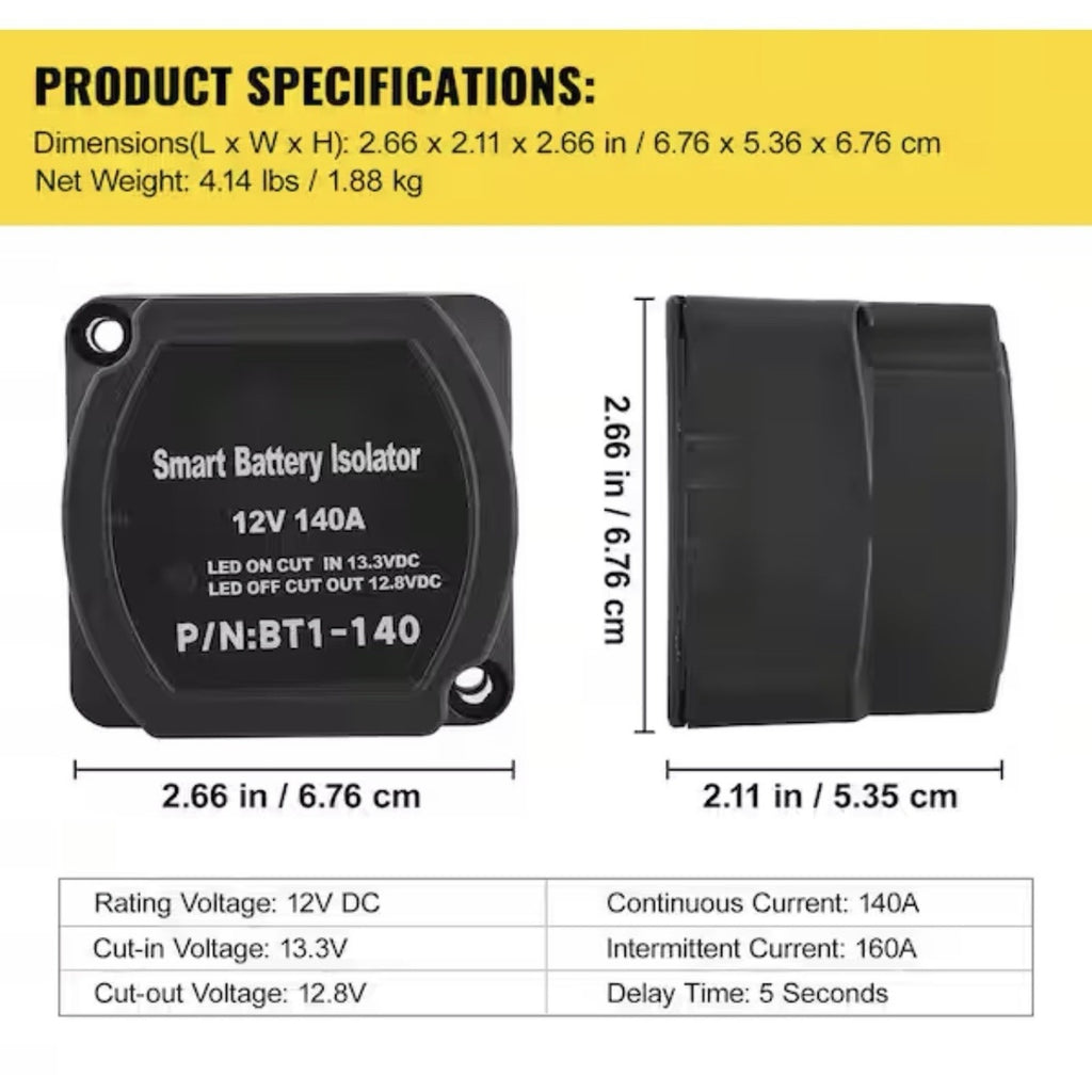 VEVOR 12V 140A Dual Battery Isolator Kit Voltage Sensitive Relay VSR001
