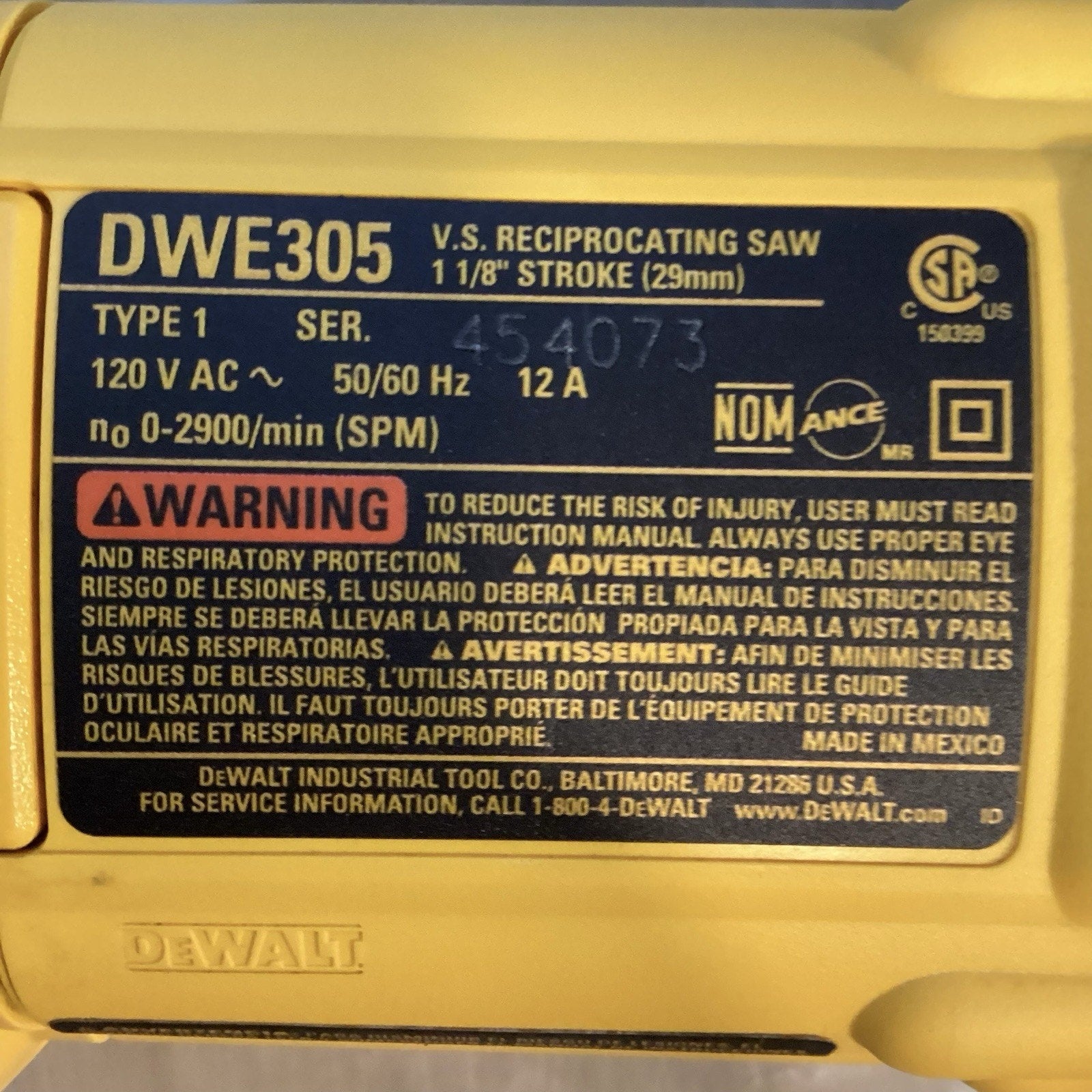 DEWALT DWE305R 120V Electric Reciprocating Saw