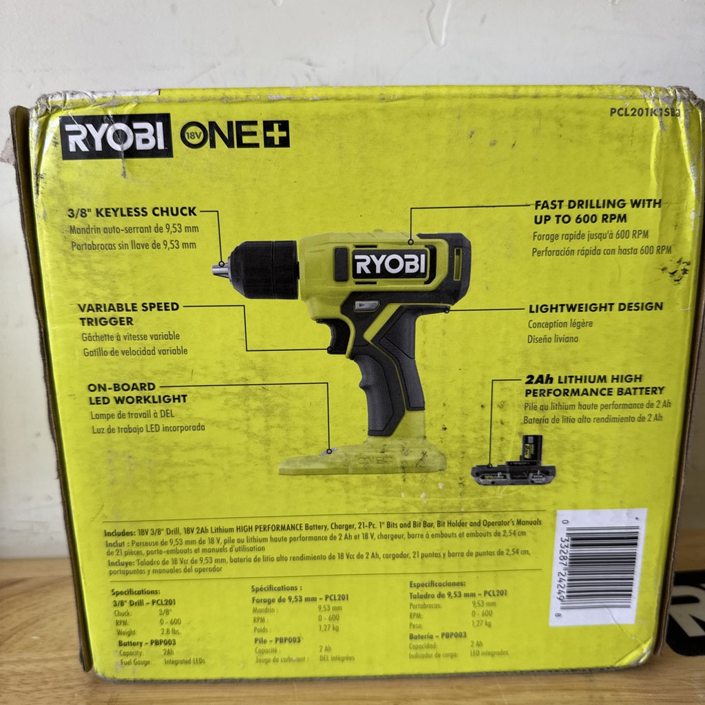 Ryobi ONE+ 18V 3/8in Keyless Drill/Driver Kit 2Ah Li-Ion LED PCL201K1SB3