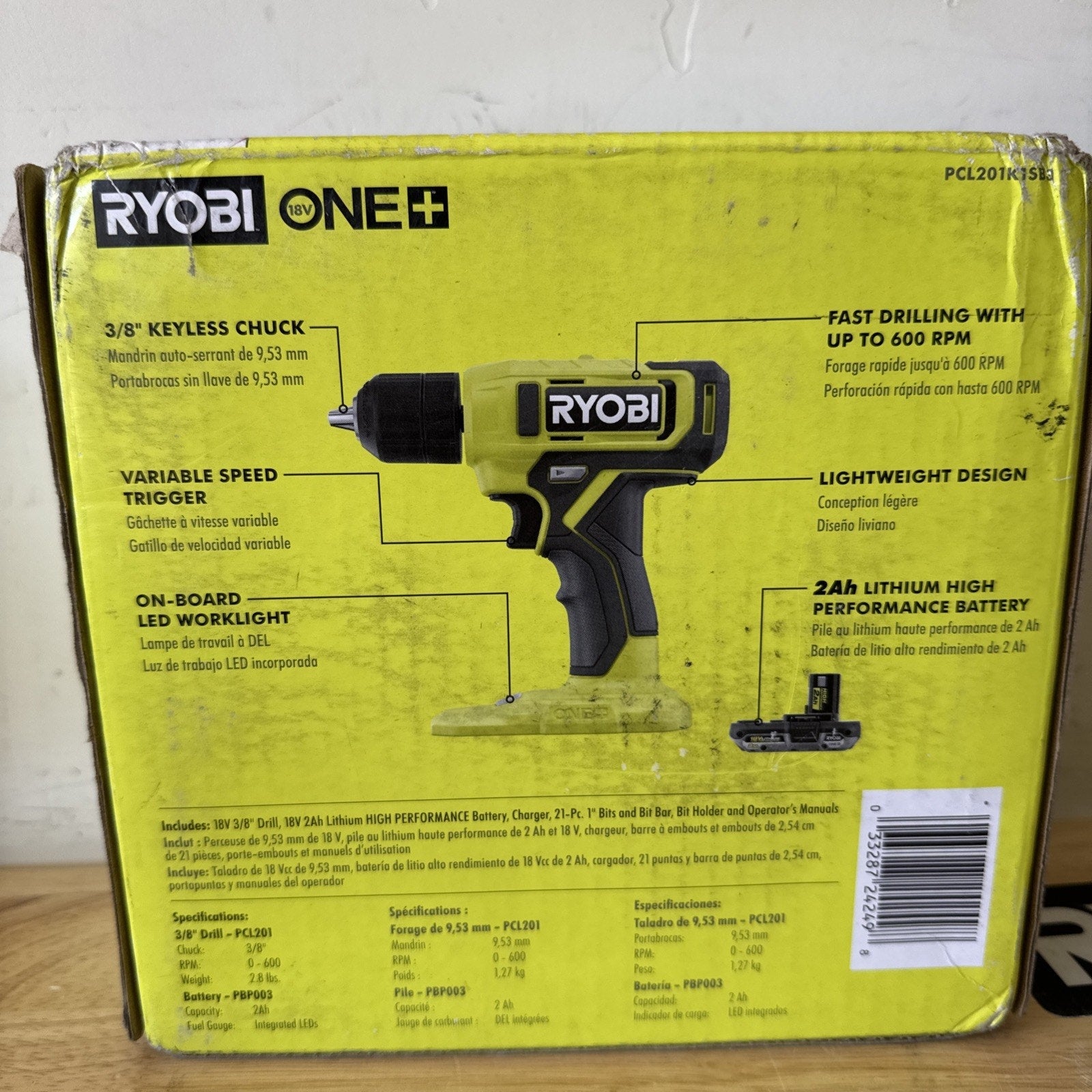 Ryobi ONE+ 18V 3/8in Keyless Drill/Driver Kit 2Ah Li-Ion LED PCL201K1SB3