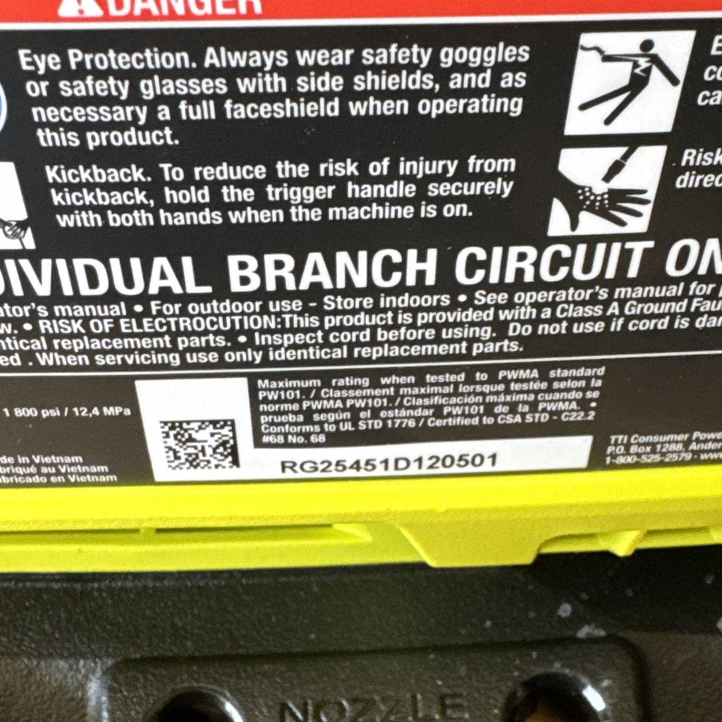 RYOBI 1800 PSI 1.2 GPM Electric Pressure Washer Portable Outdoor Cleaner
