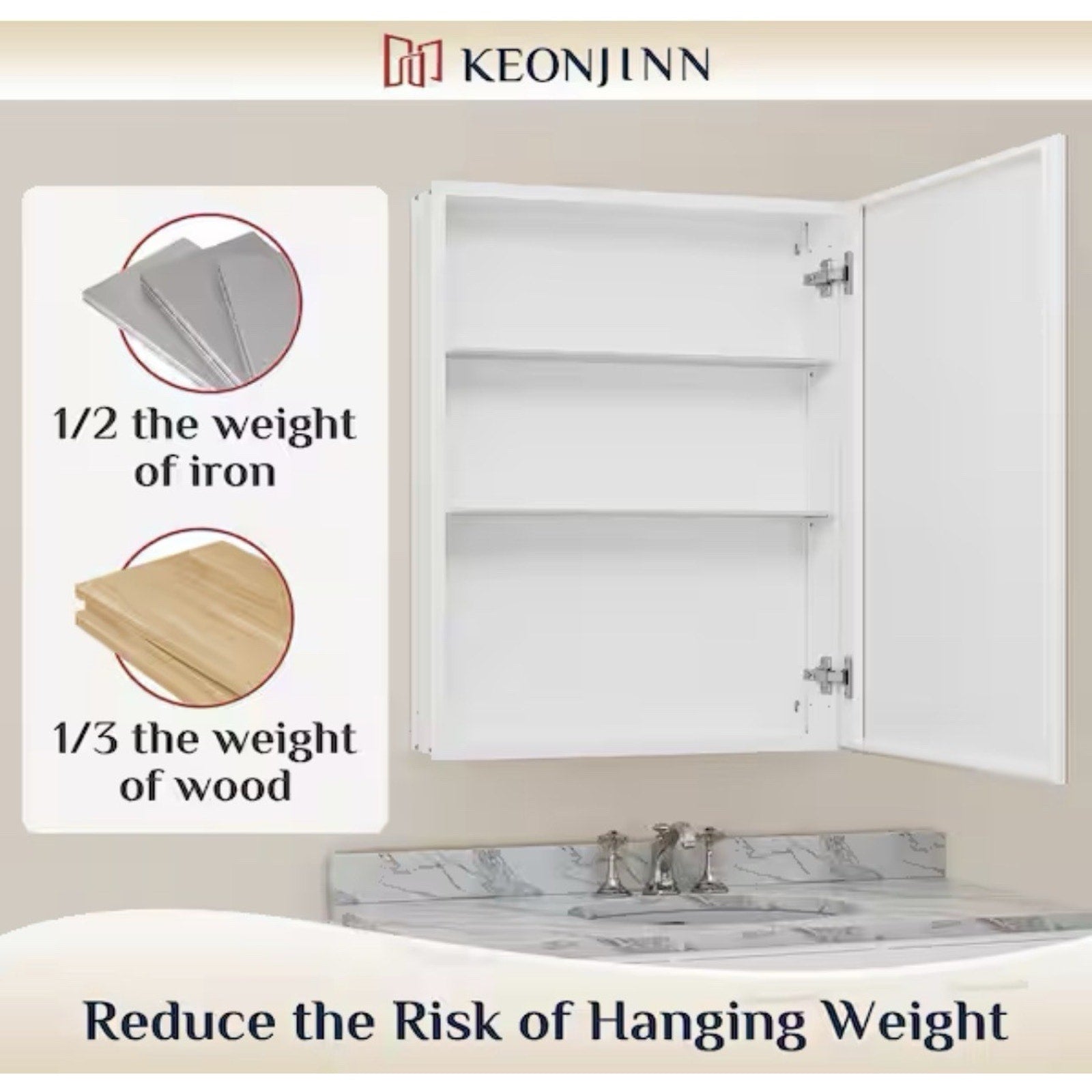 KeonJinn 16 in. W x 24 in. H Medicine Cabinet Rectangular Frameless