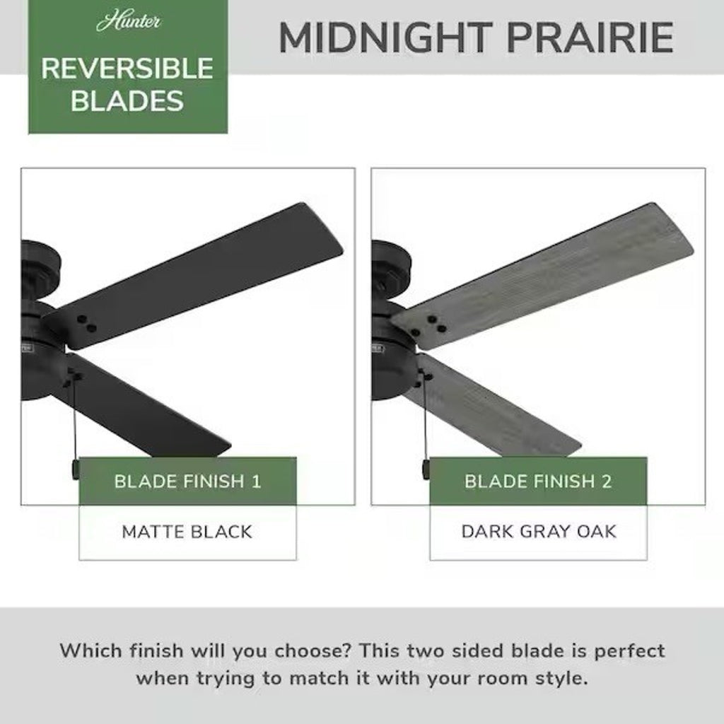 Hunter Midnight Prairie 52 in. Indoor/Outdoor Matte Black Ceiling Fan New