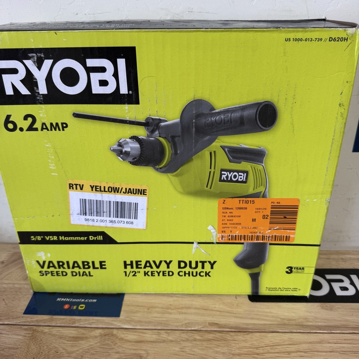 Ryobi D620H 6.2 Amp CORDED 5/8 in VSR Hammer Drill New Sealed