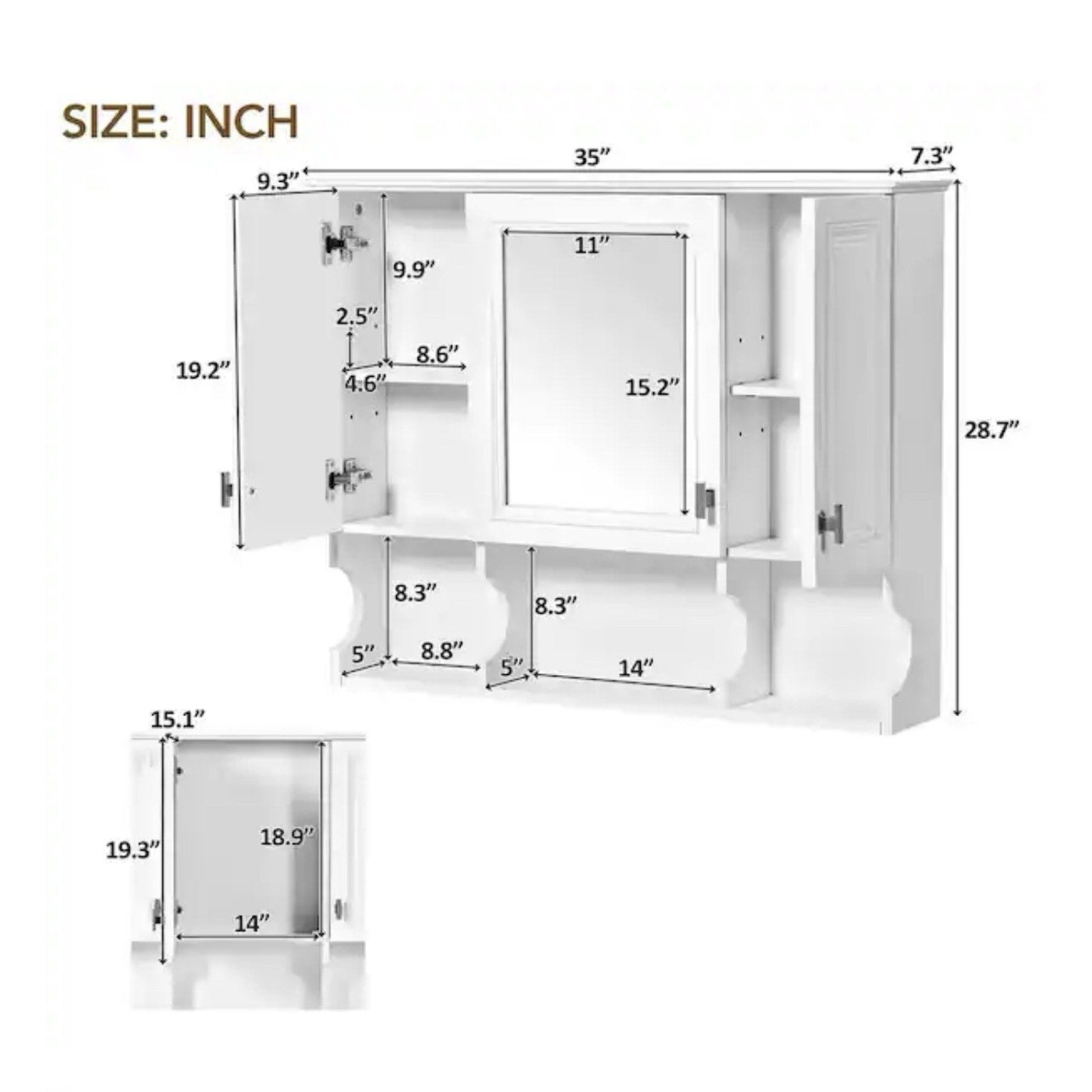 EPOWP 35 in. W x 28.7 in. H Rectangular White MDF Surface Mount Medicine Cabinet