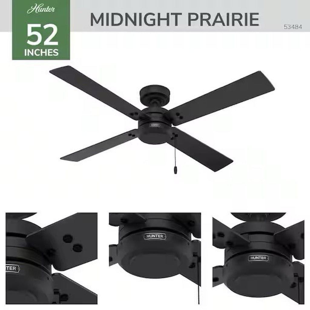 Hunter Midnight Prairie 52 in. Indoor/Outdoor Matte Black Ceiling Fan New