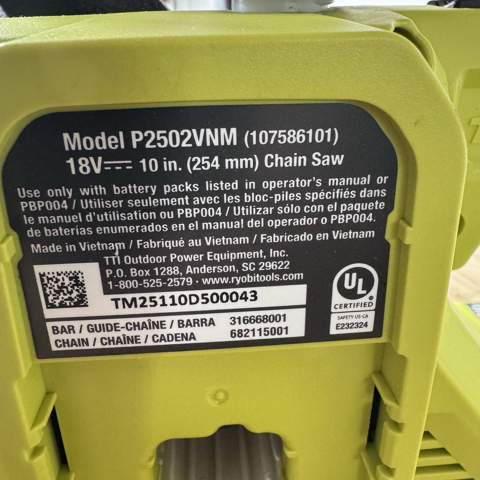 Ryobi ONE+HP 18V 10” 18v Cordless Chainsaw
