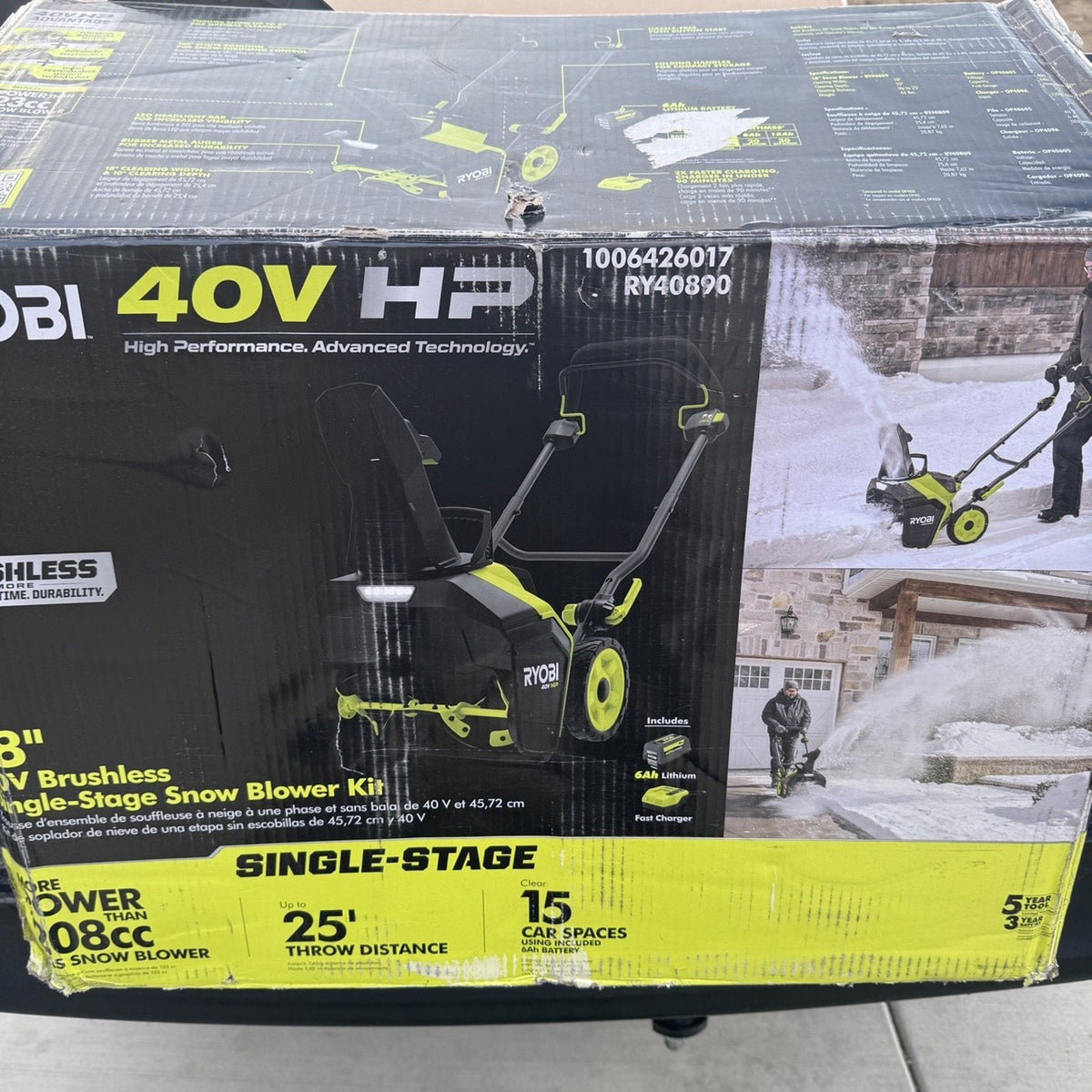 RYOBI 40V HP 18in Brushless Snow Blower Kit RY40890 6Ah Battery Charger Open Box