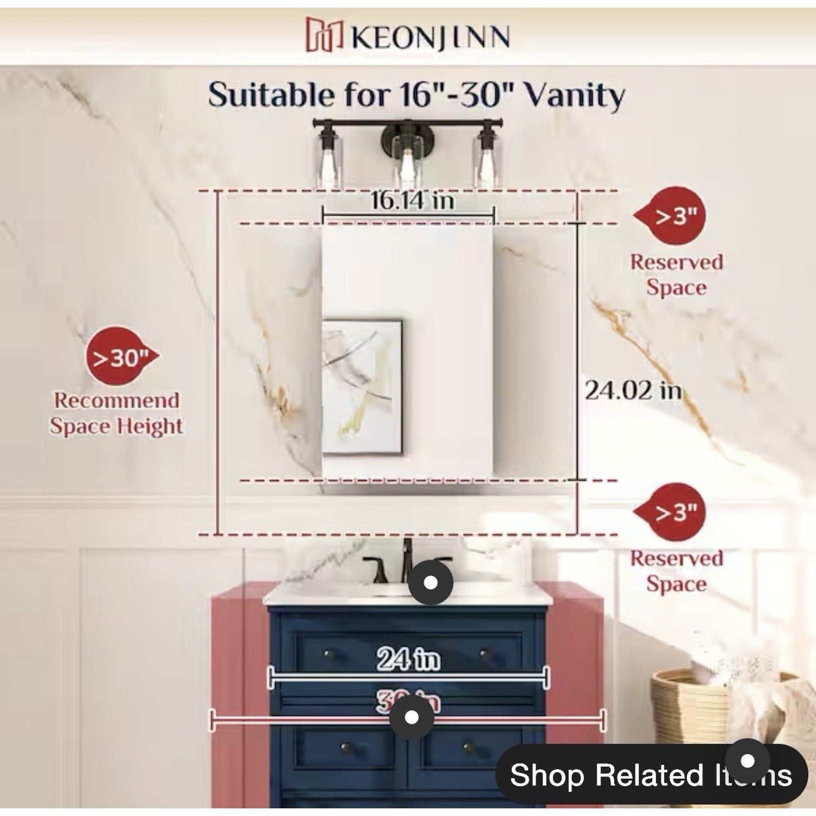 KeonJinn 16 in. W x 24 in. H Medicine Cabinet Rectangular Frameless