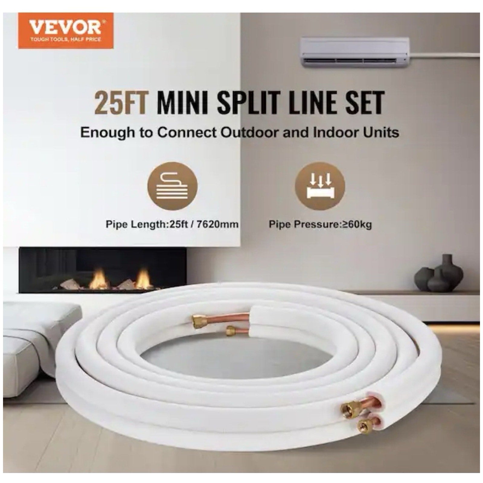 VEVOR 25 ft. Mini Split Line Set 1/4 in. and 1/2 in. O.D Copper Pipes Tubing