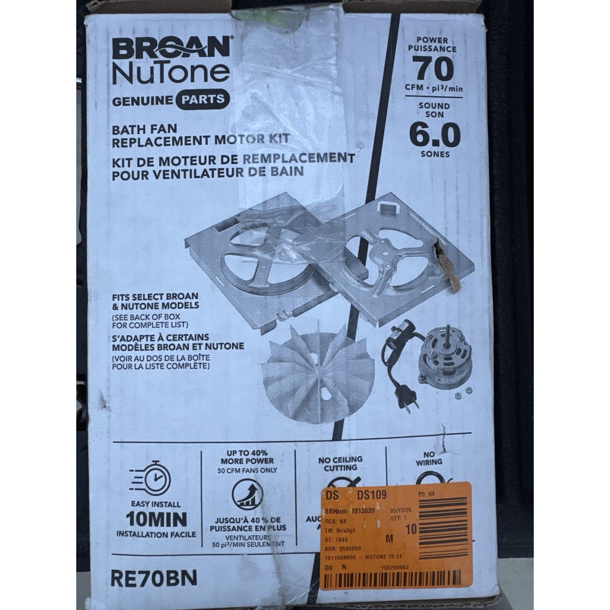 Broan NuTone RE70BN Bath Fan Replacement Motor Kit 70 CFM - Open Box