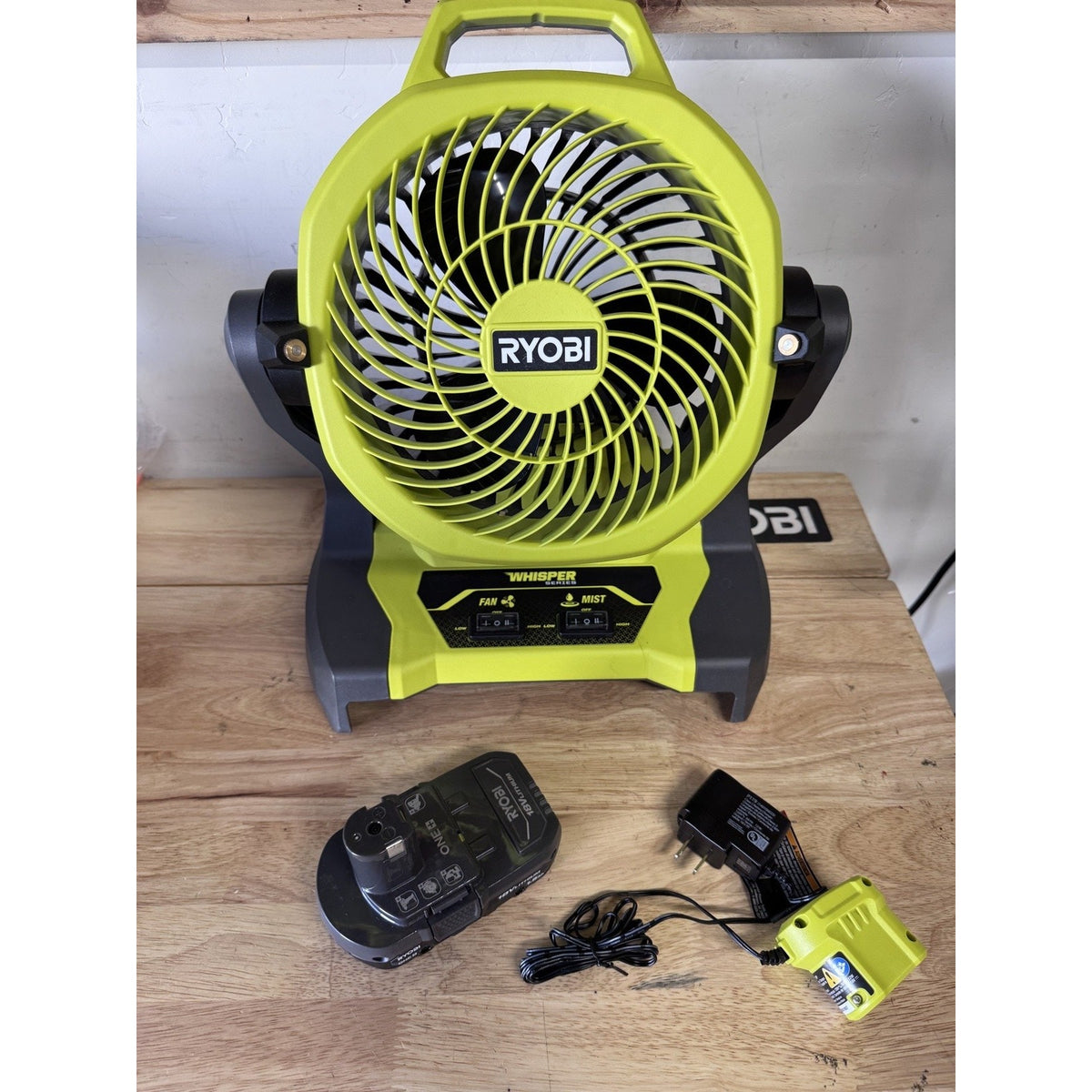 RYOBI ONE+ 18V Bucket Top Misting Fan Kit PCL851K Battery Charger Used