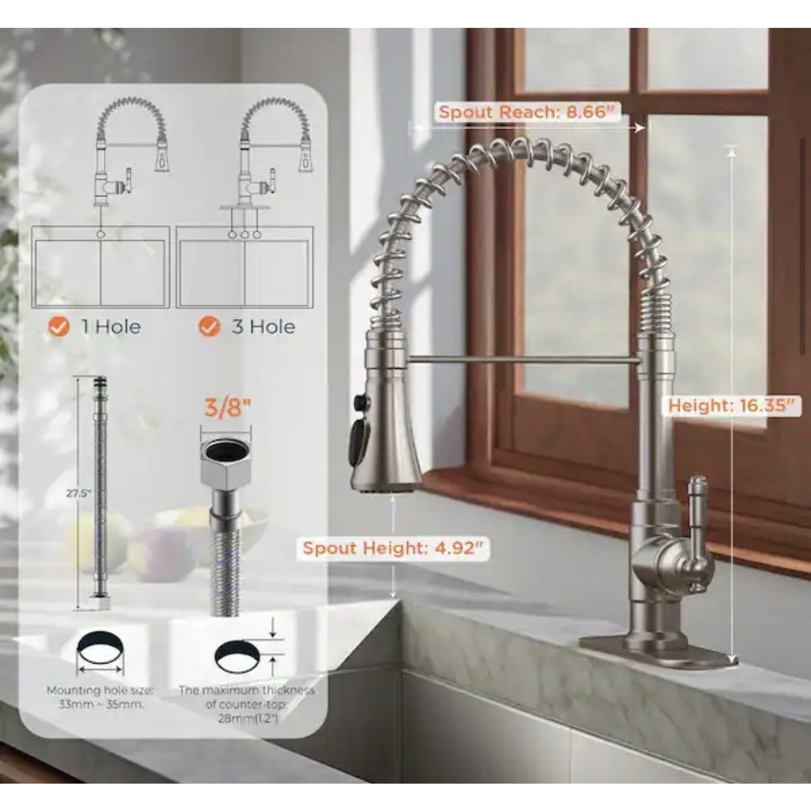 Androme single handle sprayer with deck plate and swivel spout-Brushed Nickel