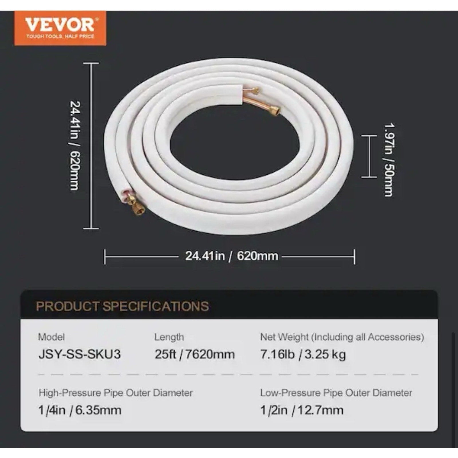 VEVOR 25 ft. Mini Split Line Set 1/4 in. and 1/2 in. O.D Copper Pipes Tubing