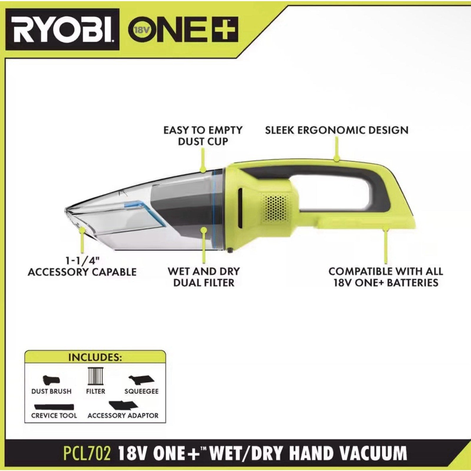 Ryobi ONE+ 18V Cordless Wet/Dry Hand Vacuum - Green (PCL702B)