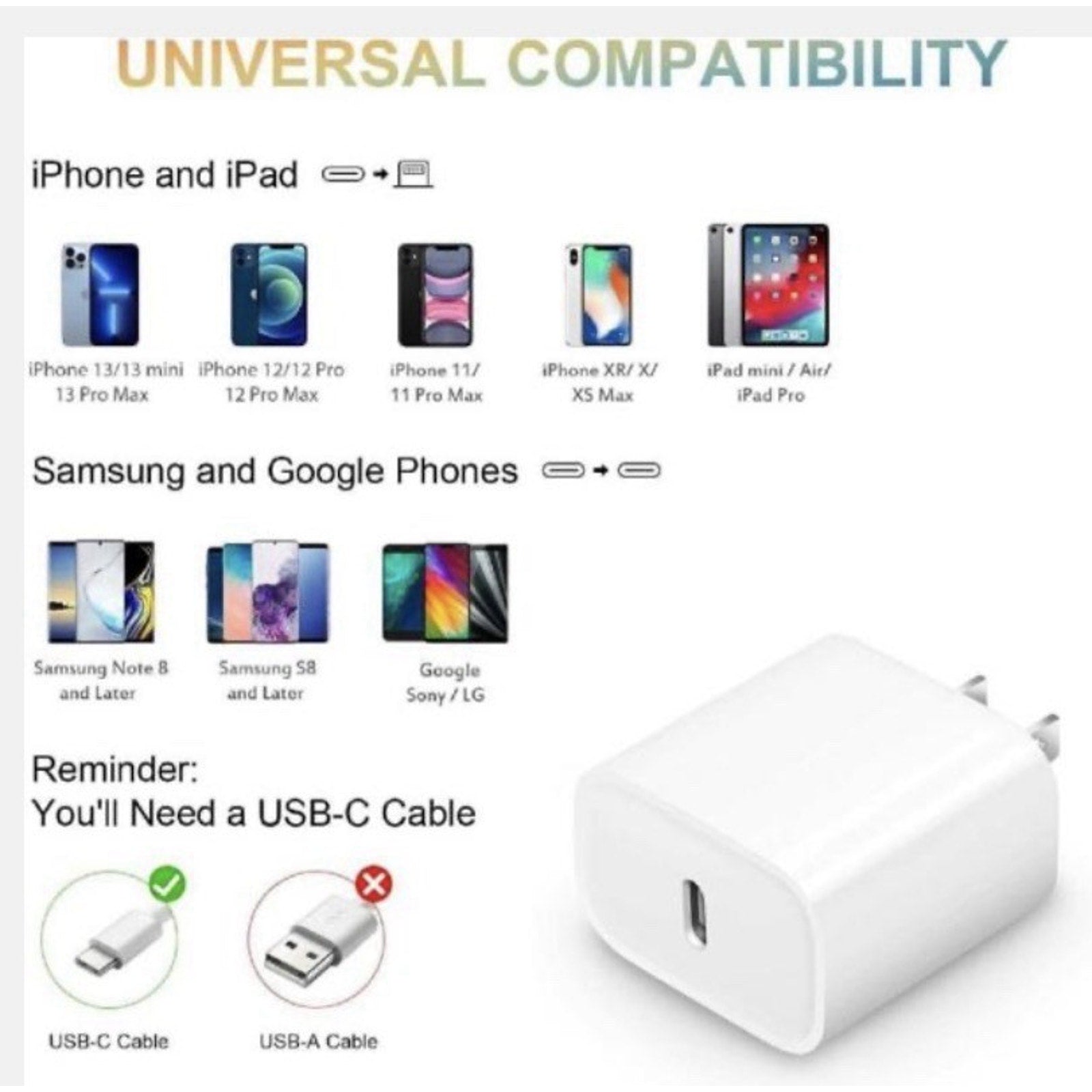 Universal 20w USB-C charger block and 3ft cable