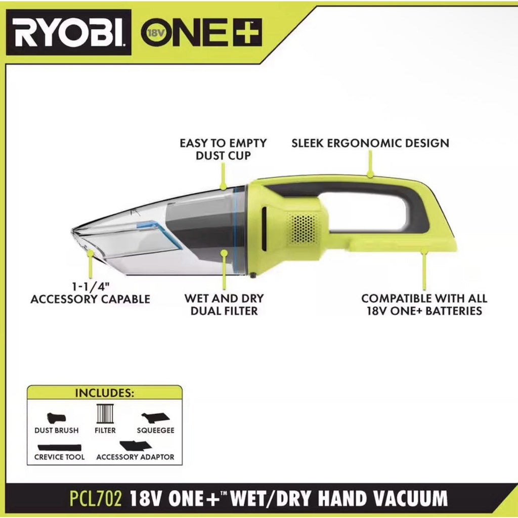 Ryobi ONE+ 18V Cordless Wet/Dry Hand Vacuum - Green (PCL702B)