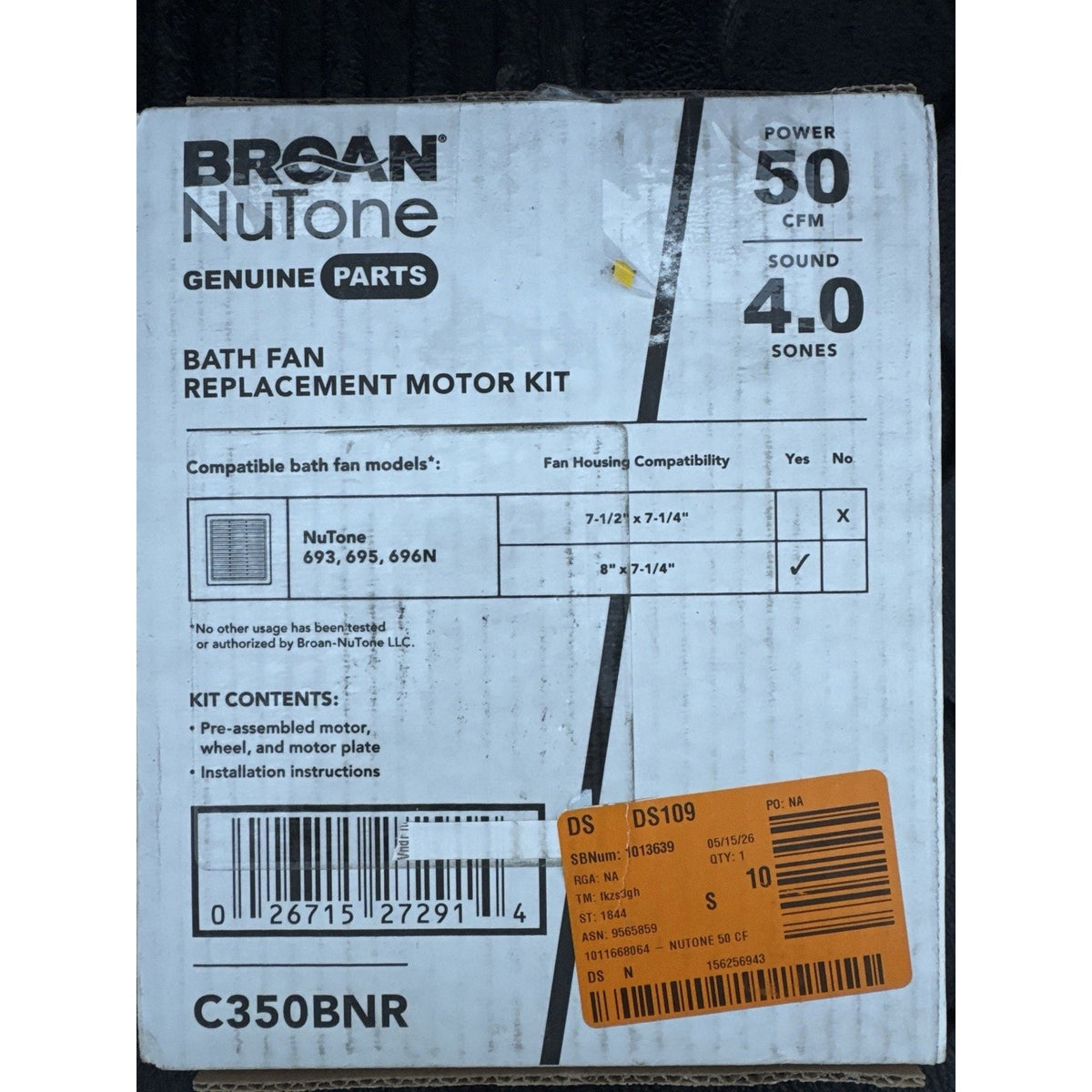 Broan NuTone C350BNR Bath Fan Replacement Motor Kit 50 CFM - Open Box
