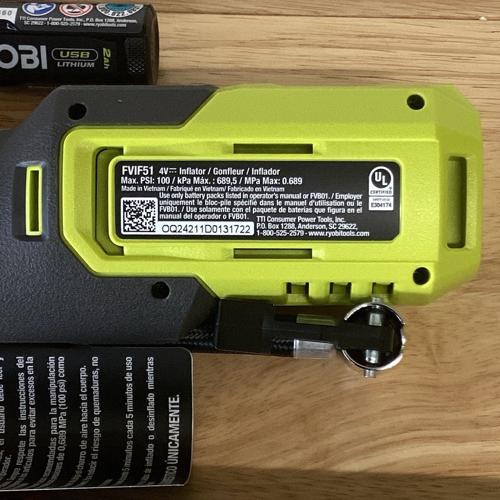 Ryobi FVIF51 USB Lithium Cordless High Pressure Portable Inflator Kit with...