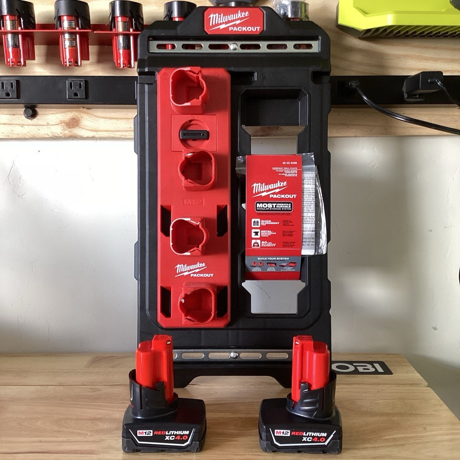 Milwaukee M12 XC4.0 Extended Capacity Battery 2-Pack PACKOUT w/ Wall Plate& Rack