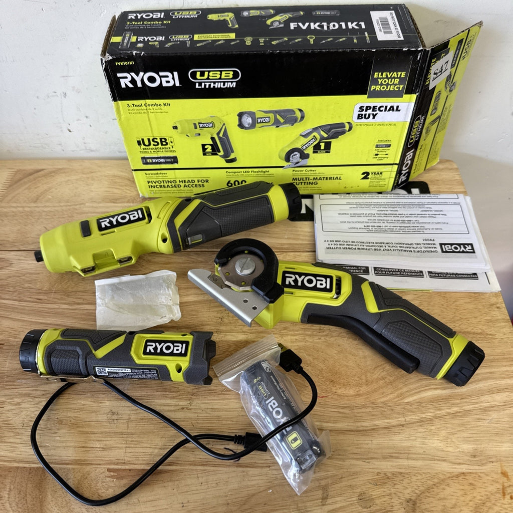 RYOBI USB LITHIUM 3-TOOL CORDLESS COMBO KIT W/ BATTERY & CHARGING CABLE FVK101K1