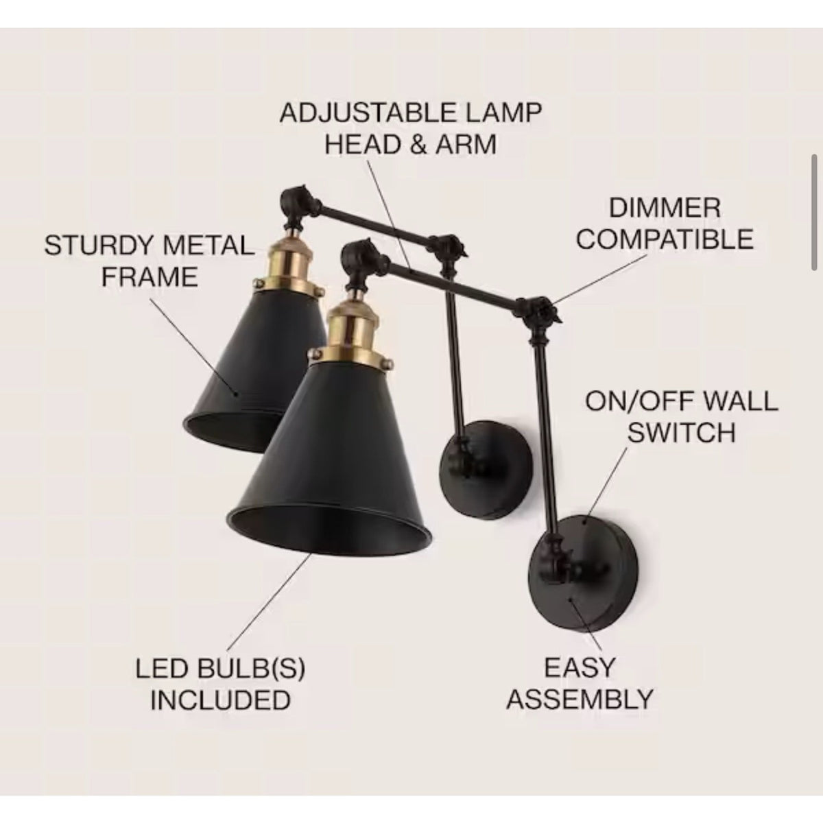 JONATHAN Y Rover 7in Swing Arm Wall Sconce Set of 2 JYL7462A-SET2 OB