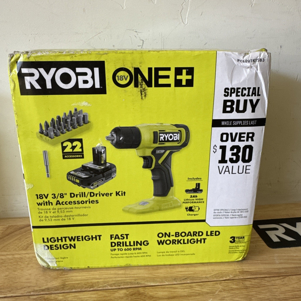 Ryobi ONE+ 18V 3/8in Keyless Drill/Driver Kit 2Ah Li-Ion LED PCL201K1SB3