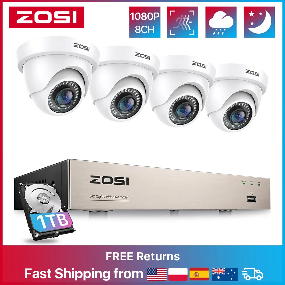 ZOSI 8CH 1080P HD Wired Security Cameras System 5MP Lite 8Channel HD-TVI DVR Recorder 4pcs 2MP Surveillance CCTV Cameras Kit