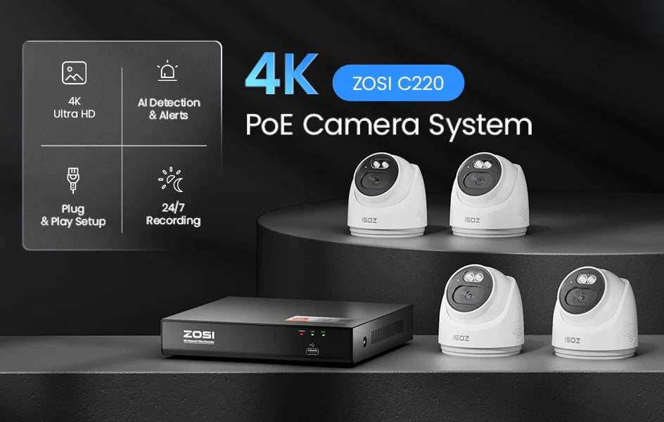 ZOSI 4K 8MP PoE Cctv Security Camera System Smart Home Video Surveillance Kit 8CH NVR Two-Way Audio Outdoor Indoor IP Dome Cam