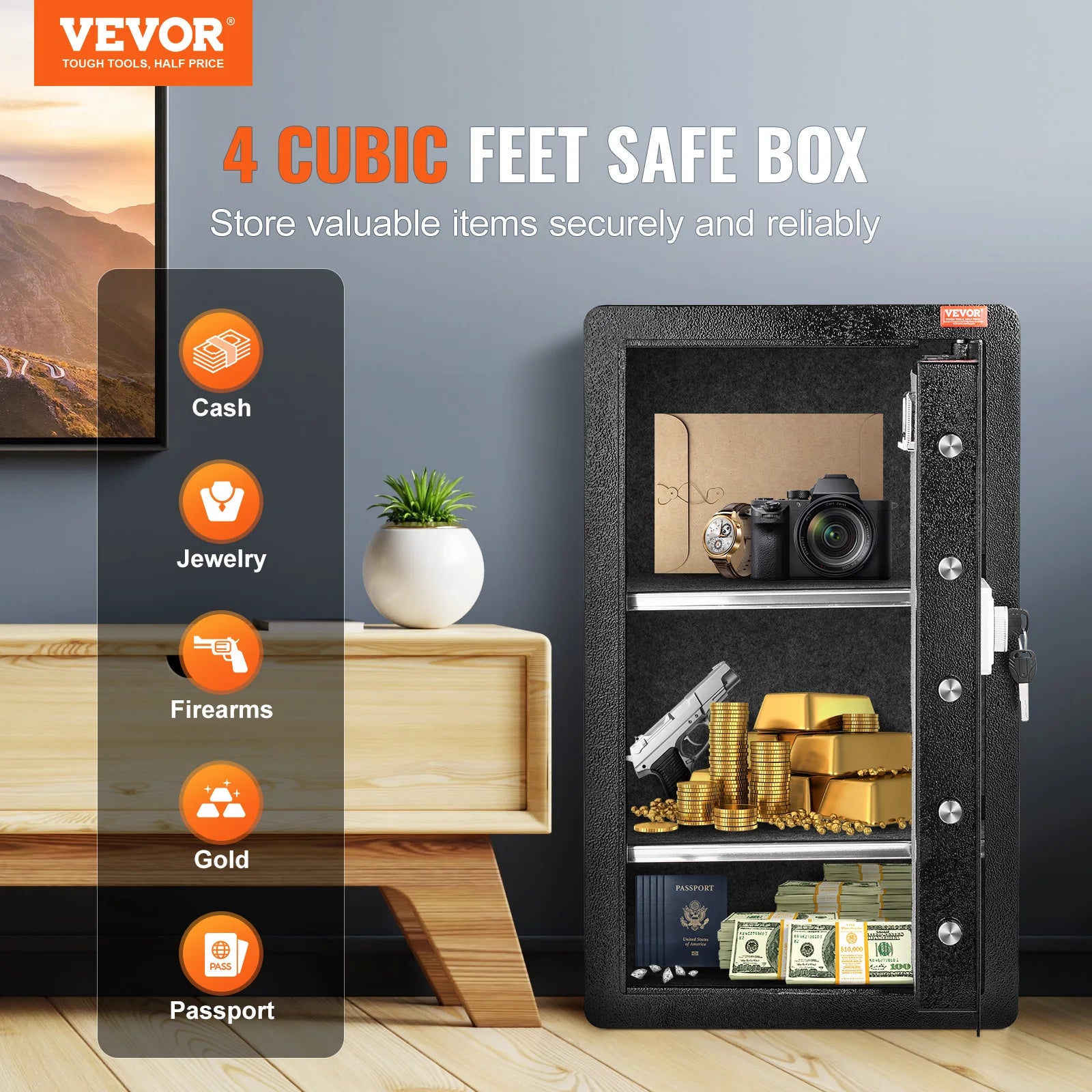 SucceBuy Single/Double Door Safe Box with Key Lock Password & Fingerprint Safe Lock Box with Fireproof Bag Key Rack & LED Light
