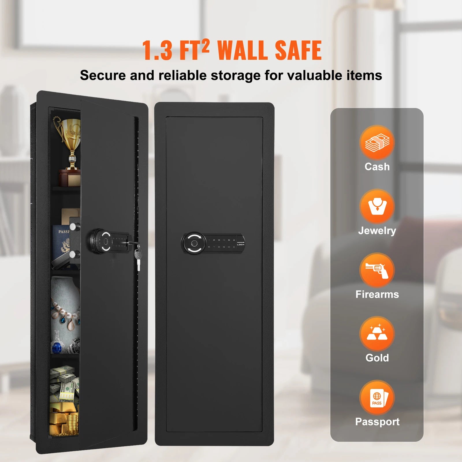SucceBuy Tall Wall Safe 3/4-Tier Hidden Wall Safe w/ Keypad Q235 Cold-Rolled Steel In Wall Safe for Money Jewelry Passport Home