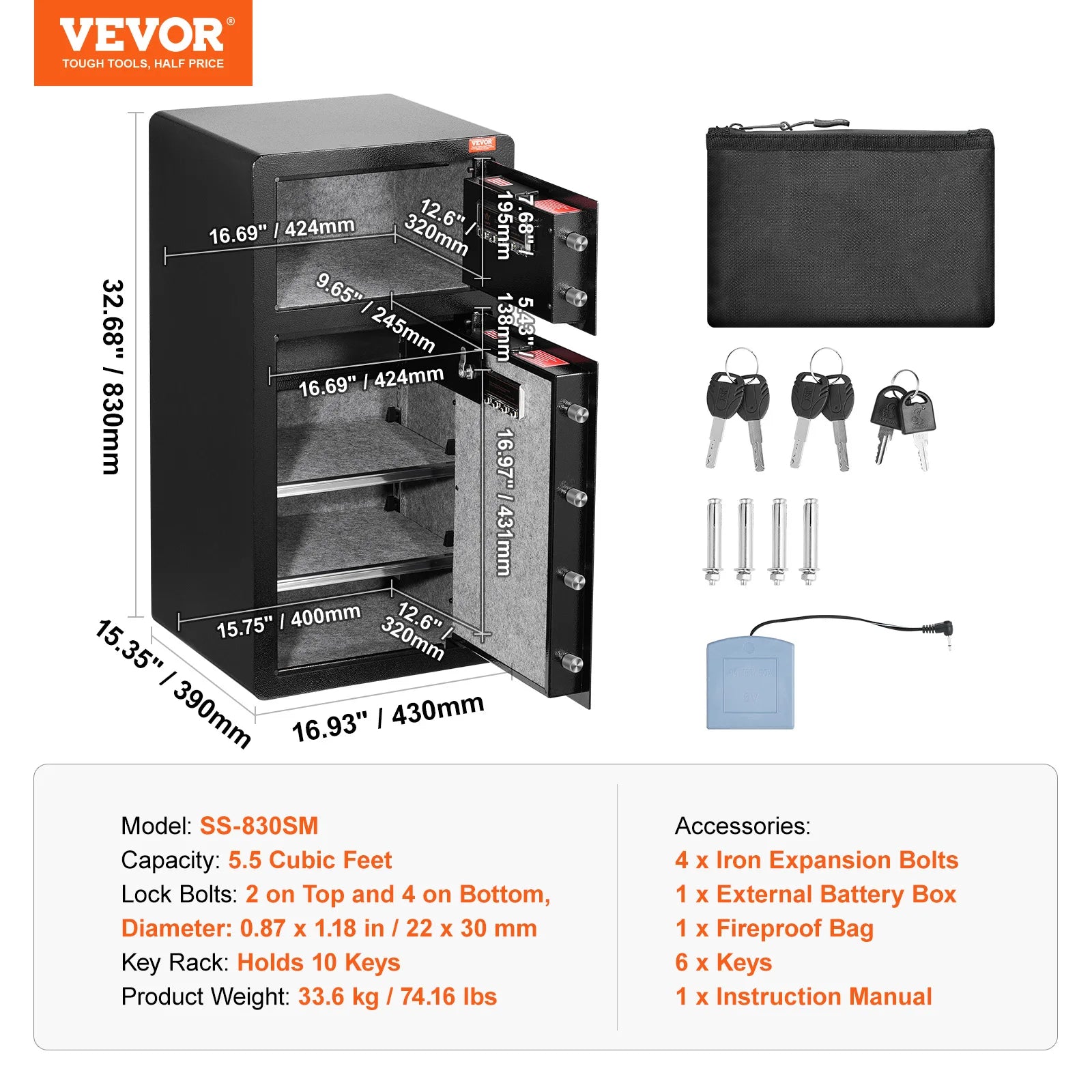 SucceBuy Single/Double Door Safe Box with Key Lock Password & Fingerprint Safe Lock Box with Fireproof Bag Key Rack & LED Light