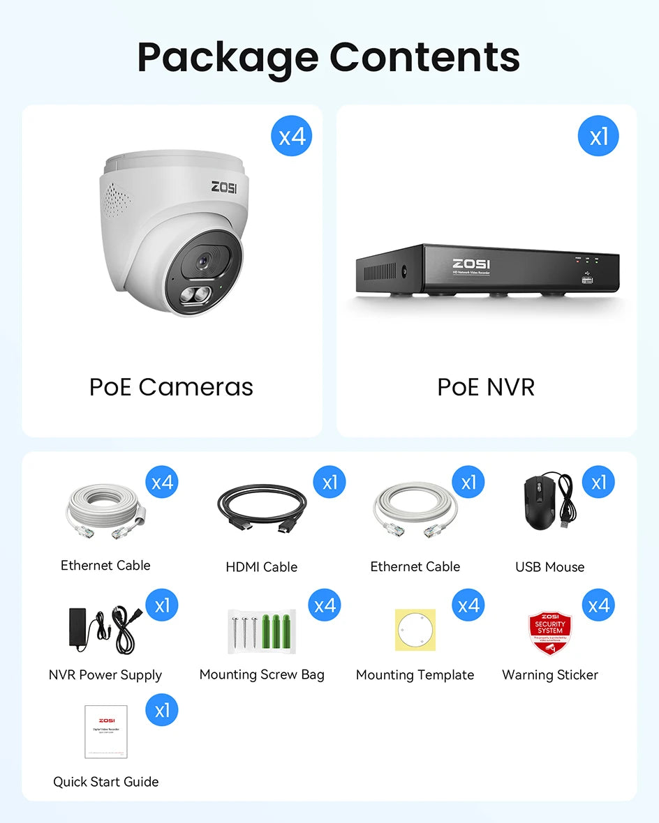 ZOSI 4K 8MP PoE Cctv Security Camera System Smart Home Video Surveillance Kit 8CH NVR Two-Way Audio Outdoor Indoor IP Dome Cam