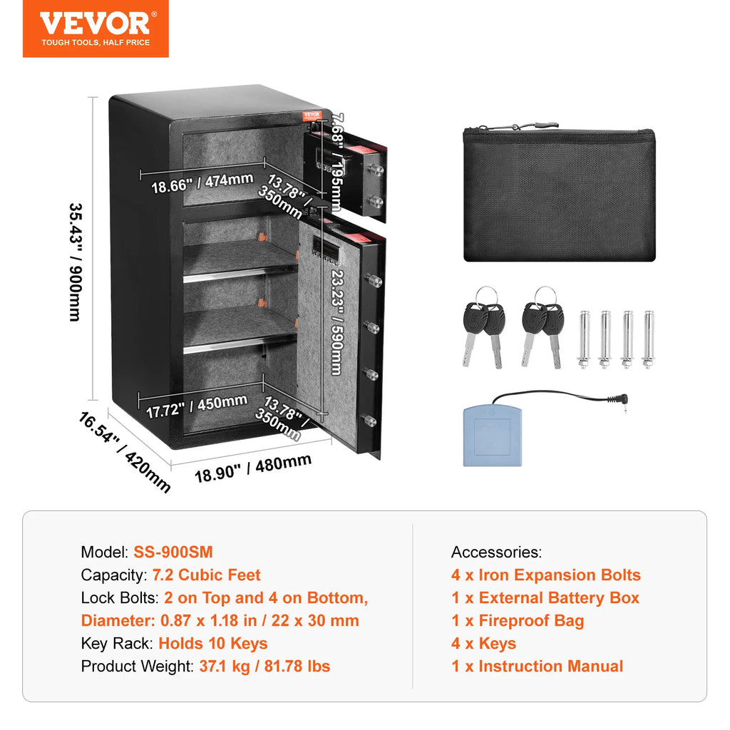 SucceBuy Single/Double Door Safe Box with Key Lock Password & Fingerprint Safe Lock Box with Fireproof Bag Key Rack & LED Light