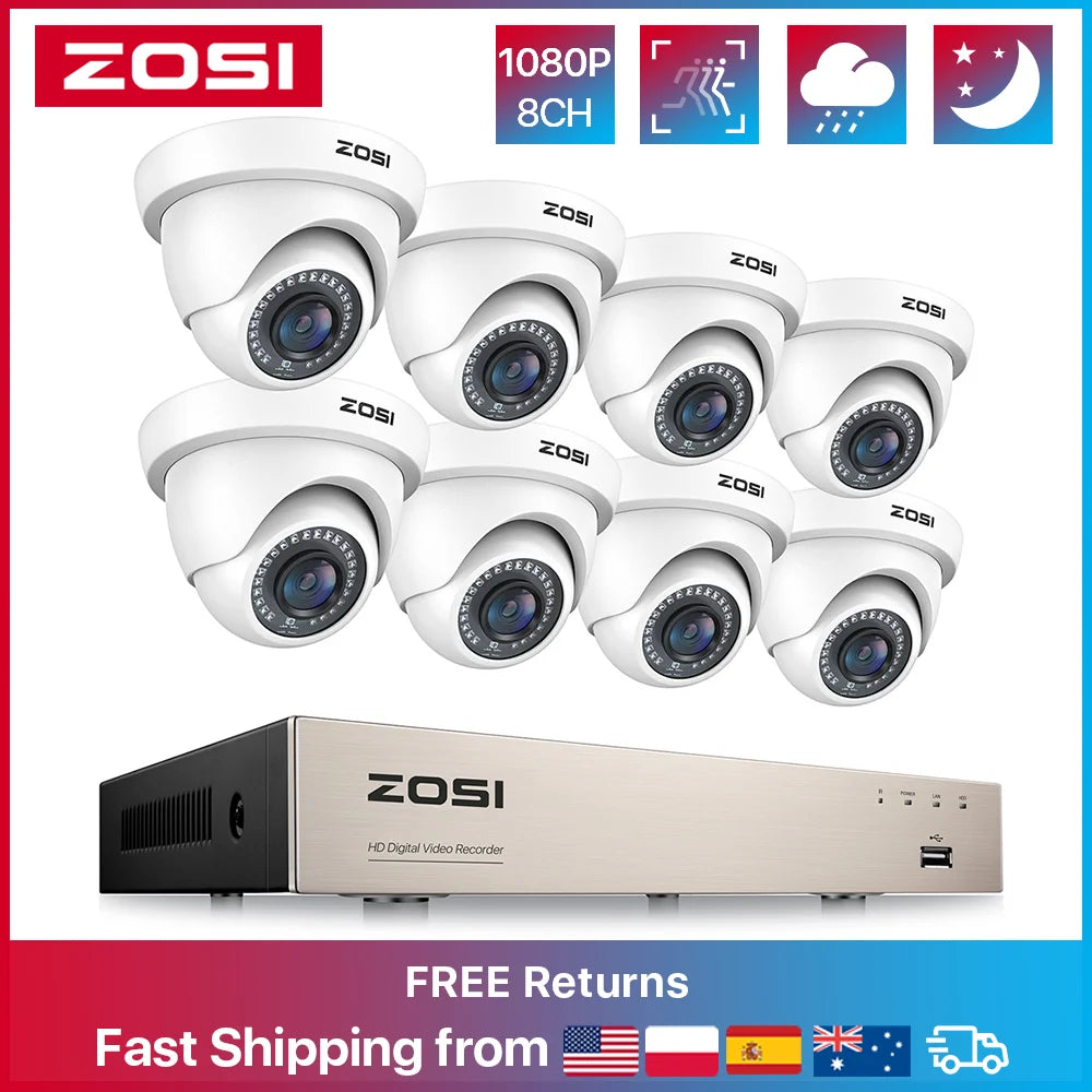 ZOSI 1080P TVI CCTV System 8CH Network TVI DVR 8PCS 2MP Weatherproof Home Security Camera System Wired Surveillance DVR Kit