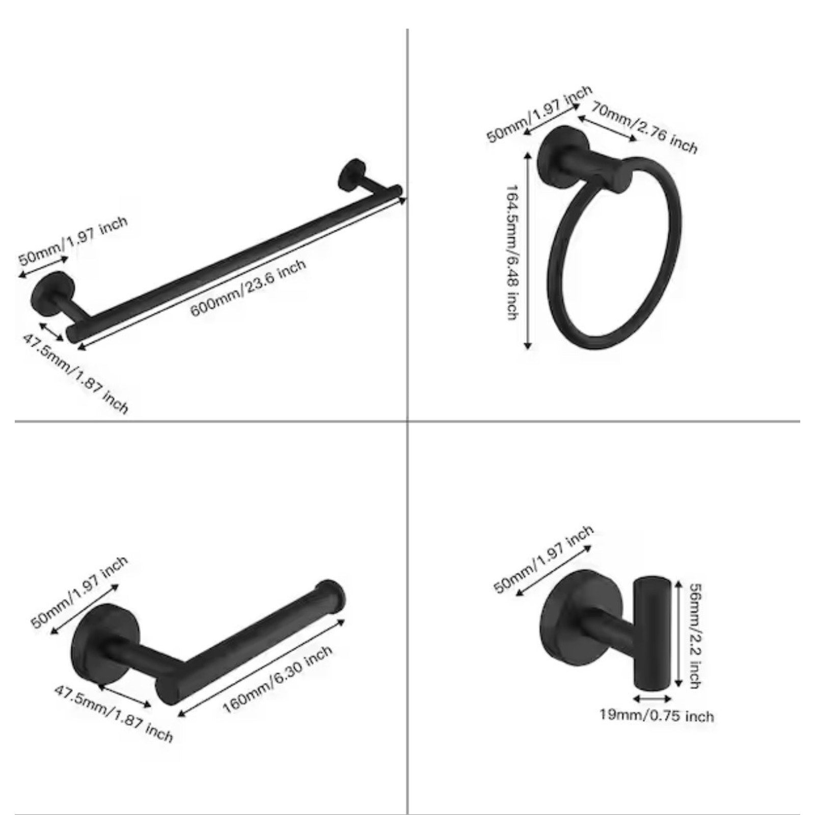 BWE 5-Piece Bath Hardware with Towel Bar Towel Hook Paper Holder Towel Ring
