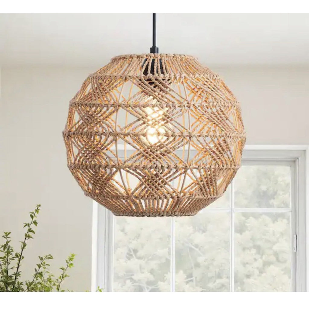 1-Light Rattan Pendant Light Woven Natural Shade Matte Black - Open Box