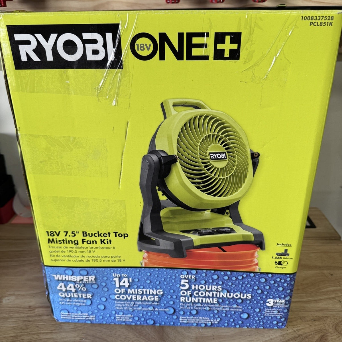 RYOBI ONE+ 18V Bucket Top Misting Fan Kit PCL851K Battery Charger OB