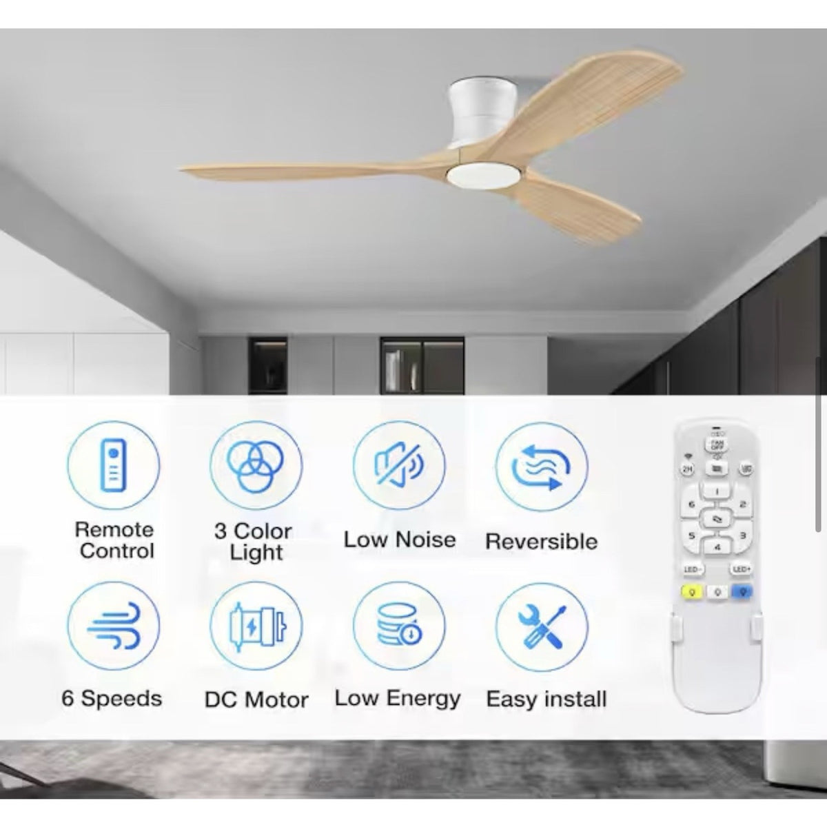 52in White Light Wood Ceiling Fan Light Remote DC Motor Dimmable OB