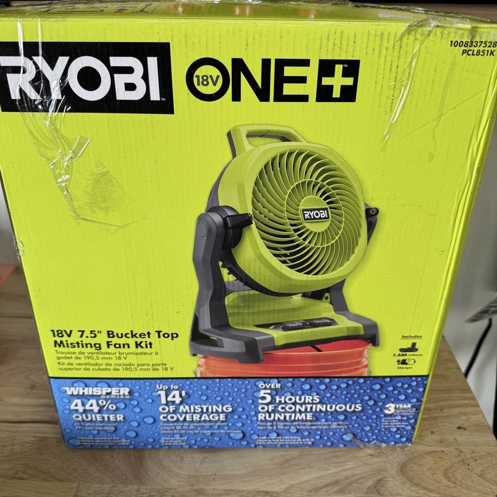 RYOBI ONE+ 18V Bucket Top Misting Fan Kit PCL851K Battery Charger Used