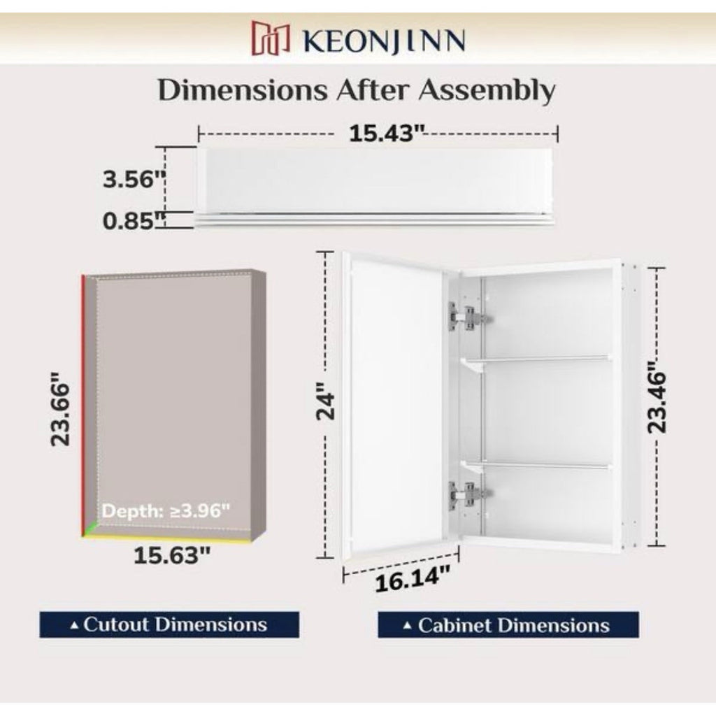 KeonJinn 16 in. W x 24 in. H Medicine Cabinet Rectangular Frameless