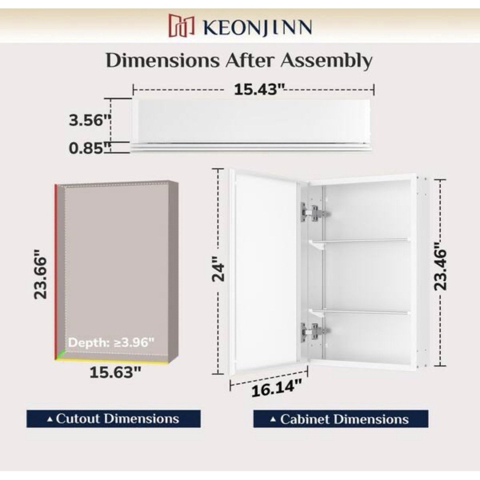 KeonJinn 16 in. W x 24 in. H Medicine Cabinet Rectangular Frameless