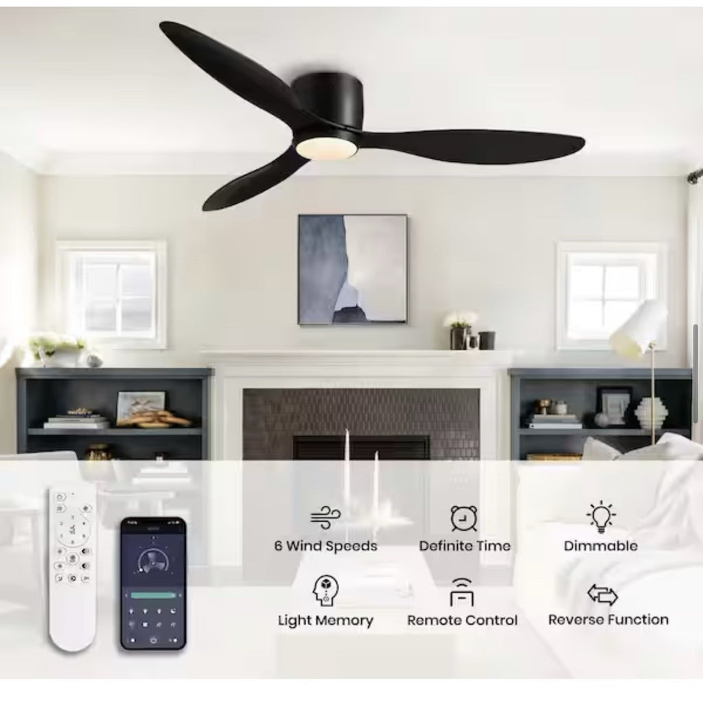 WDETR 52in Black Low Profile Ceiling Fan Light Remote SPM-1164-02 NEW