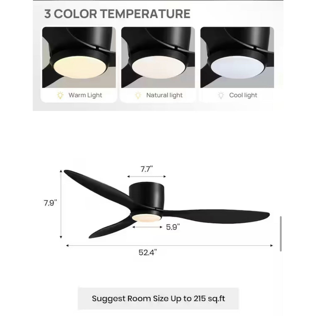 WDETR 52in Black Low Profile Ceiling Fan Light Remote SPM-1164-02 NEW