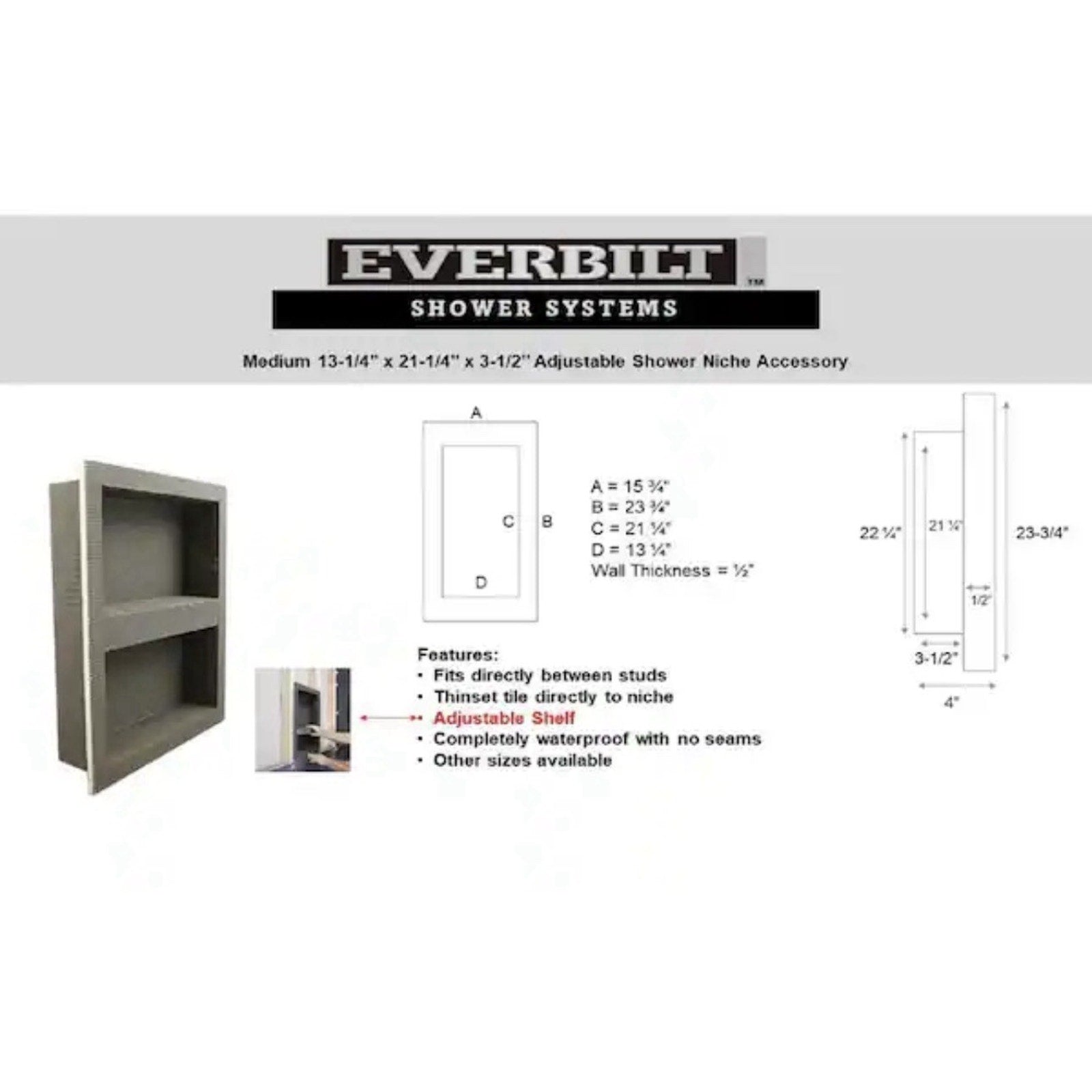 Everbilt EVB1220N Watershield 13.25" x 21.25" x 3.5" Shower Niche 1006 605 410