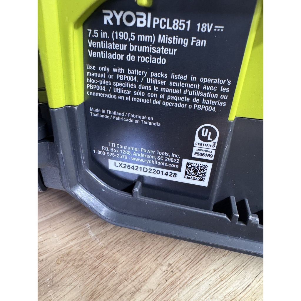 RYOBI ONE+ 18V Bucket Top Misting Fan Kit PCL851K Battery Charger Used