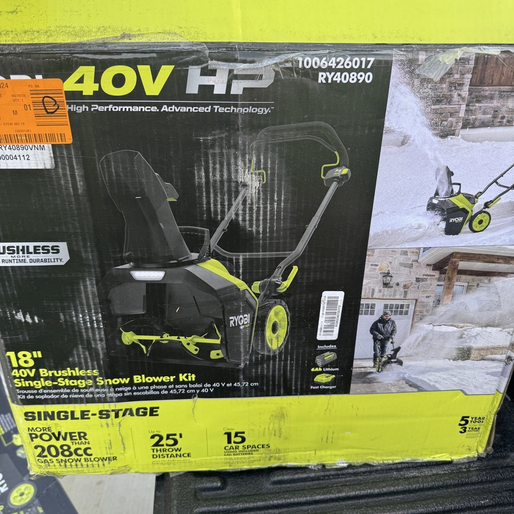 RYOBI 40V HP 18in Brushless Snow Blower Kit RY40890 6Ah Battery Charger Open Box