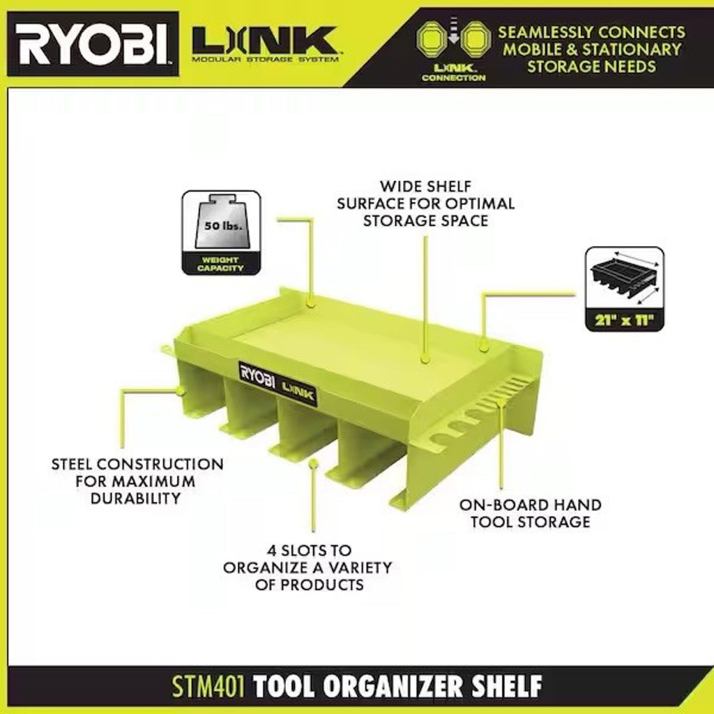 NEW! RYOBI LINK MODULAR STORAGE SYSTEM TOOL ORGANIZER SHELF (21” x 11”) STM401
